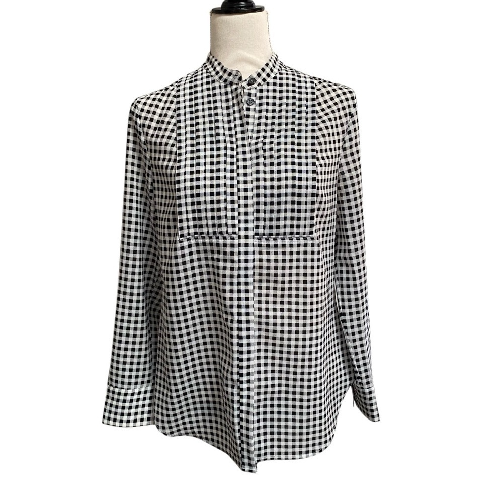 J.Crew Factory Gingham Hidden Placket Blouse Black White XS Pintuck